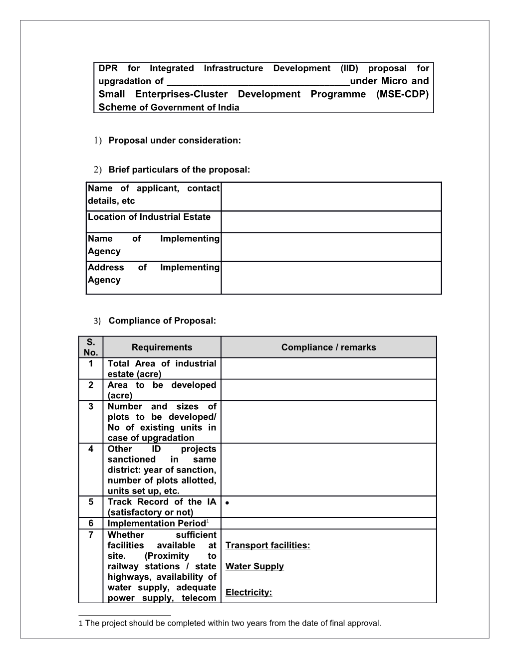 Techno-Economic Appraisal Format of Infrastructure Development (ID) Proposal for Setting