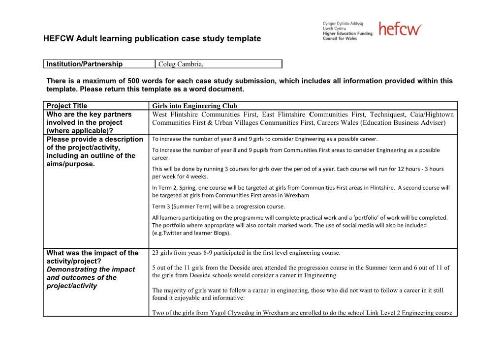 HEFCW Adult Learning Publication Case Study Template