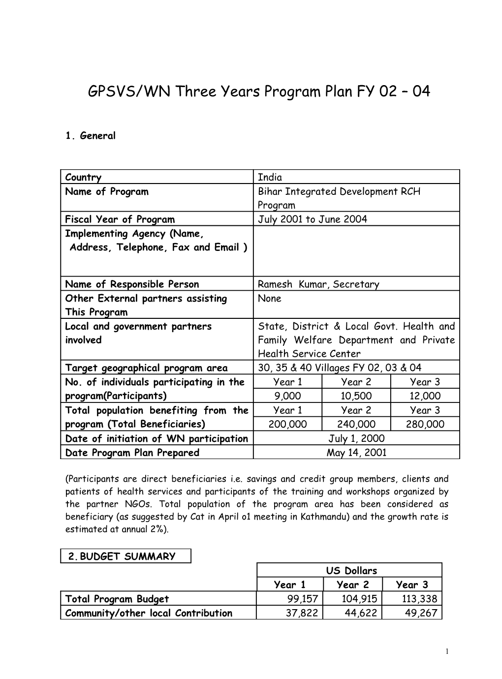 GPSVS/WN Three Years Program Plan FY 02 04