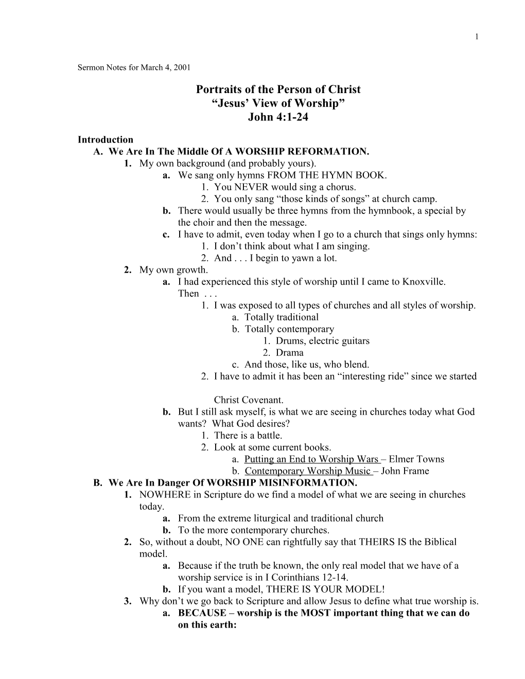 Sermon Notes for March 4, 2001