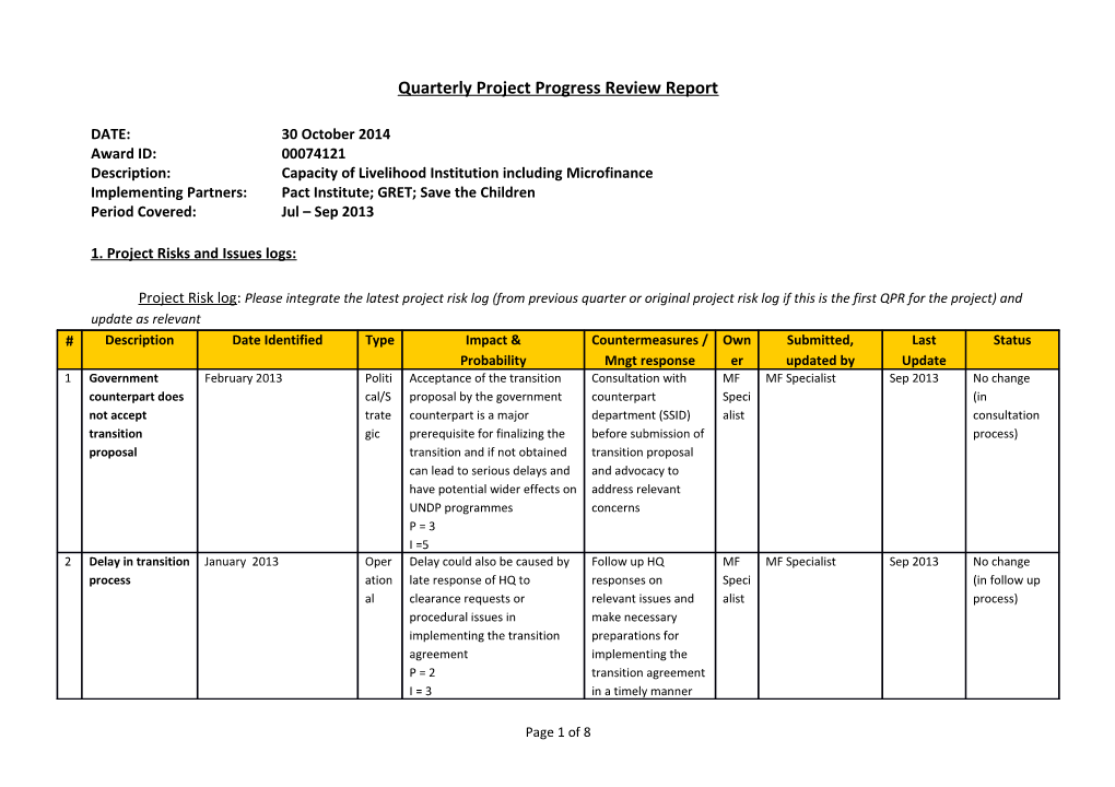 Quarterly Project Progress Review Report
