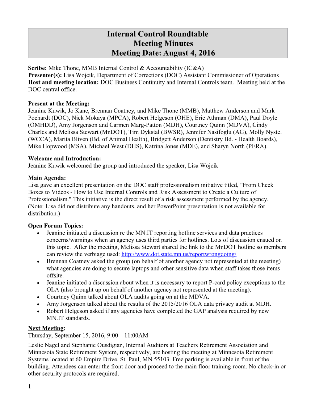 August 4, 2016 Internal Control Roundtable Meeting Minutes