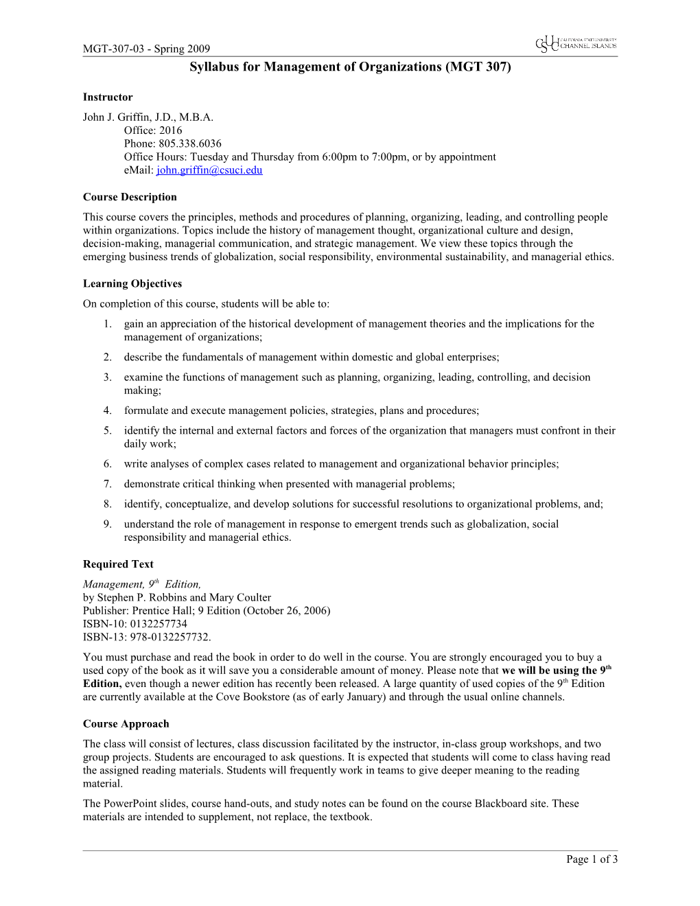 Syllabus for Managementof Organizations (MGT307)