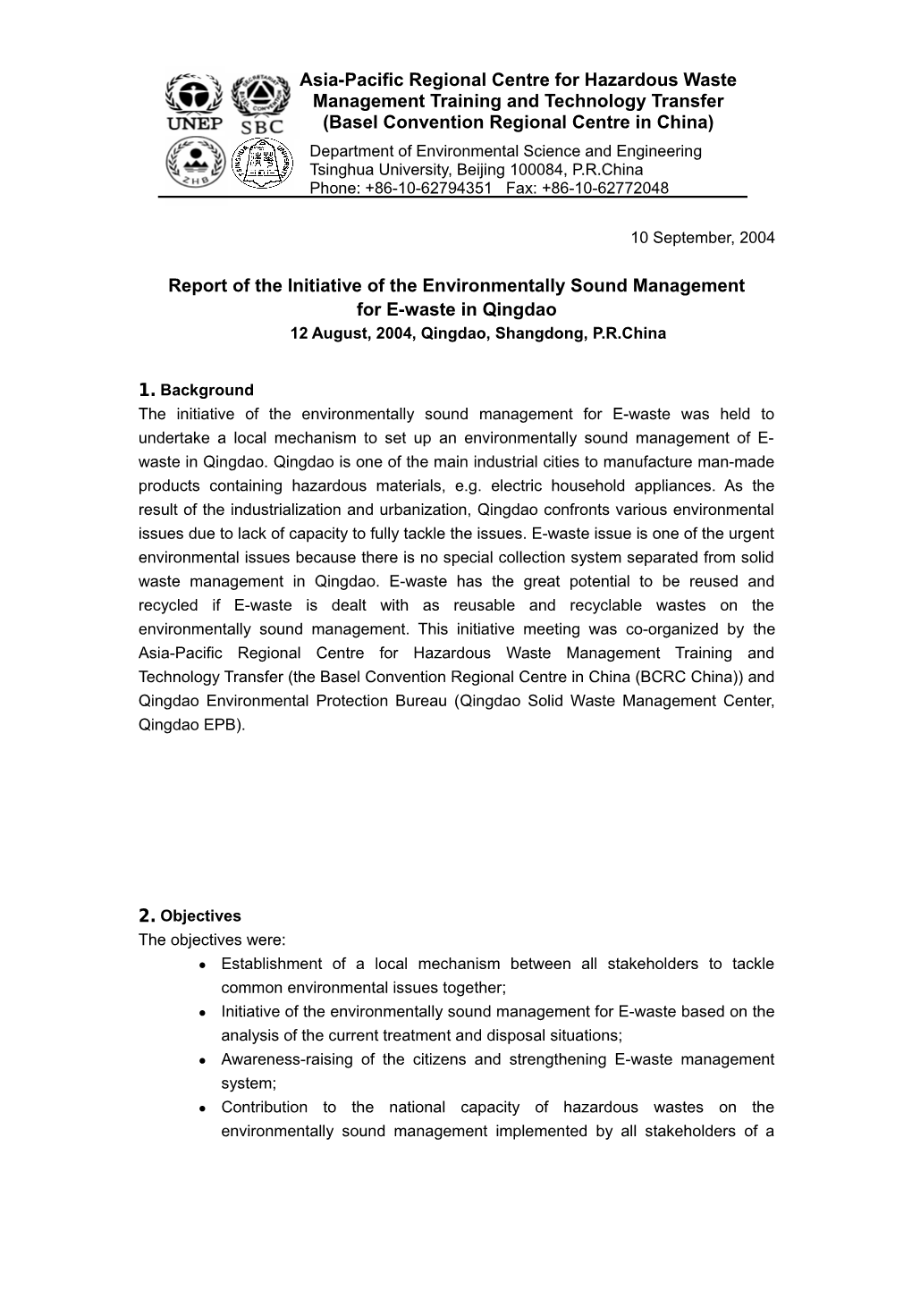 Report of T He Initiative of the Environmentally Sound Management for E-Waste in Qingdao
