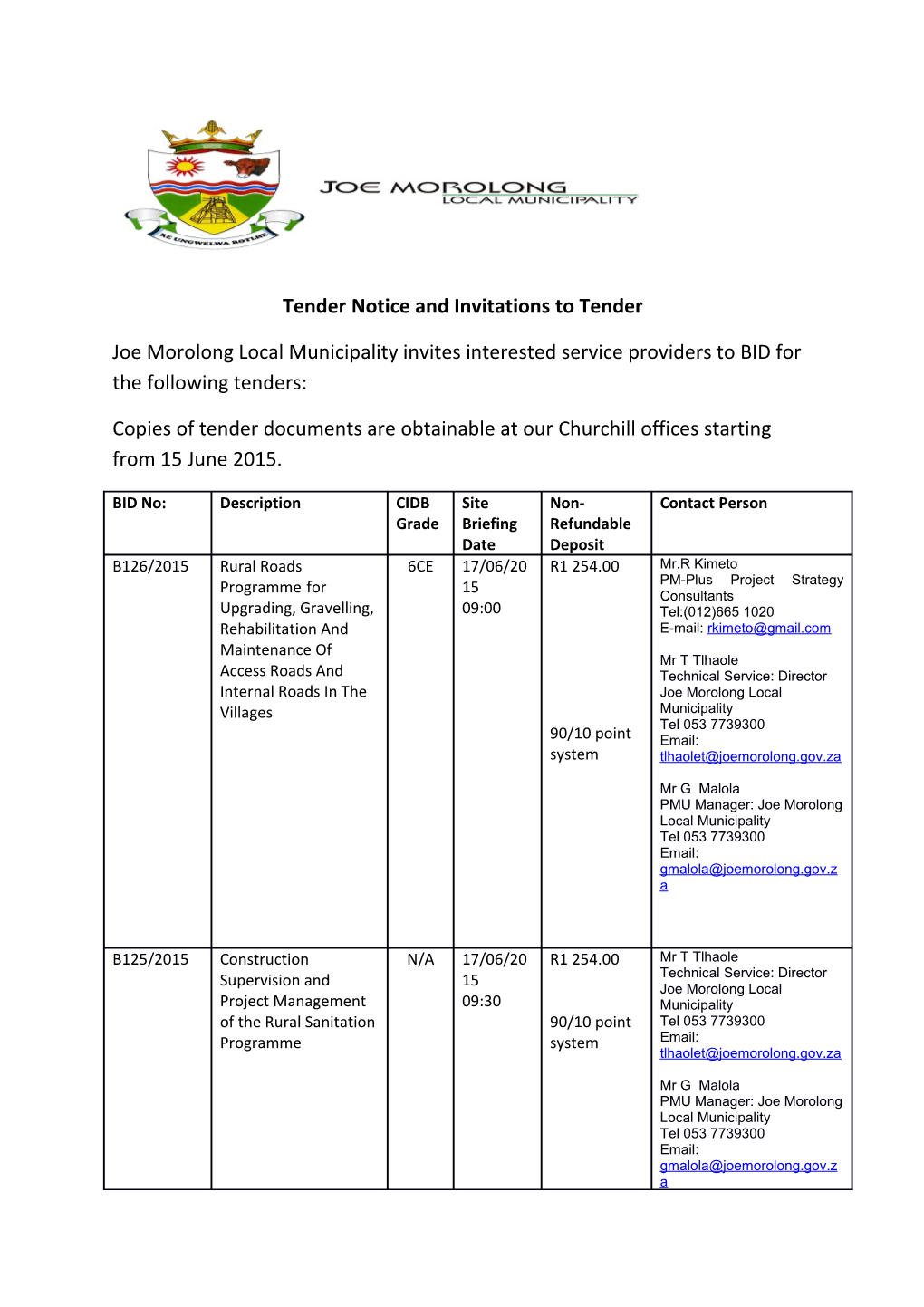 Tender Notice and Invitations to Tender