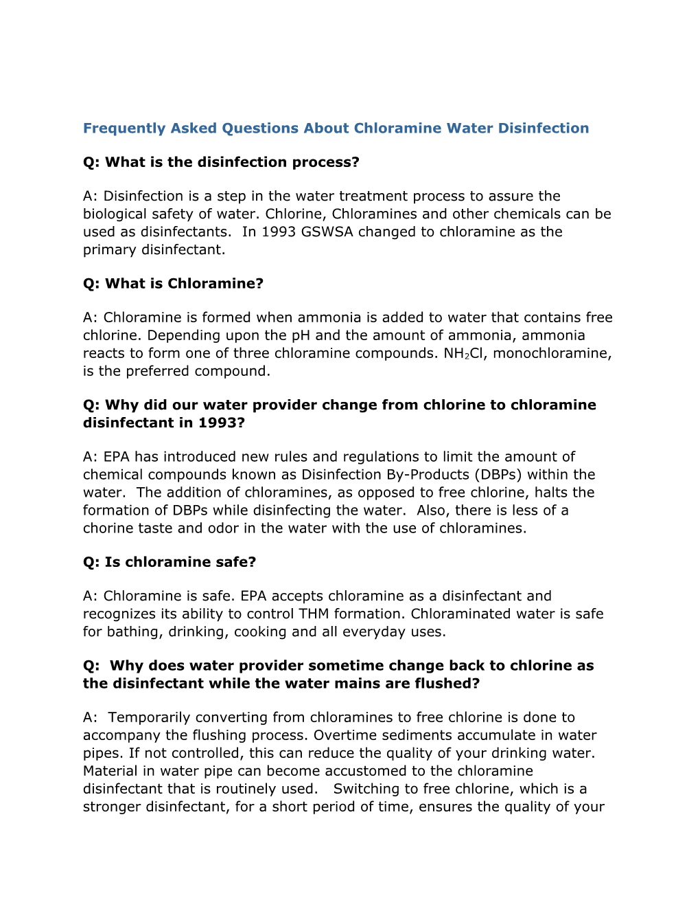 Frequently Asked Questions About Chloramine Water Disinfection