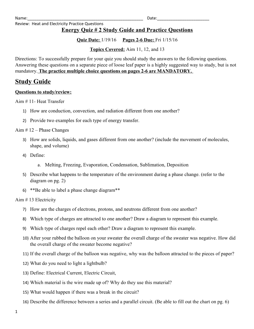 Energy Quiz # 2 Study Guide and Practice Questions