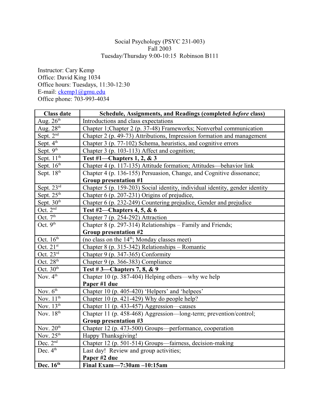 Social Psychology (PSYC 231-003)