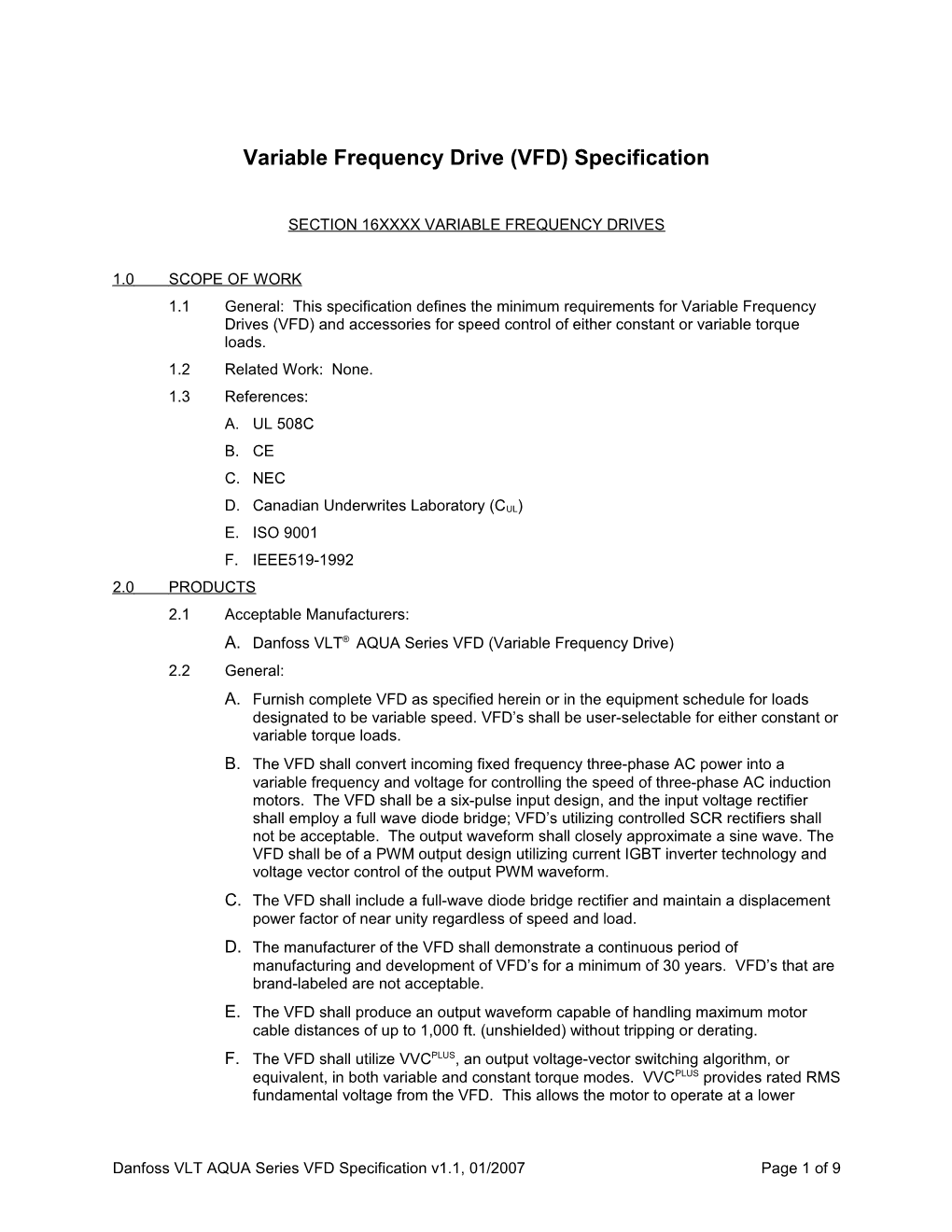 Variable Frequency Drive (VFD) Specification