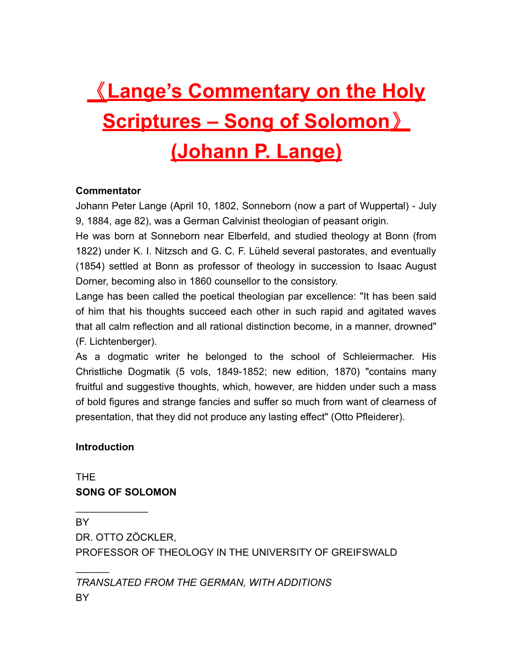 Lange S Commentary on the Holyscriptures Song of Solomon (Johann P. Lange)