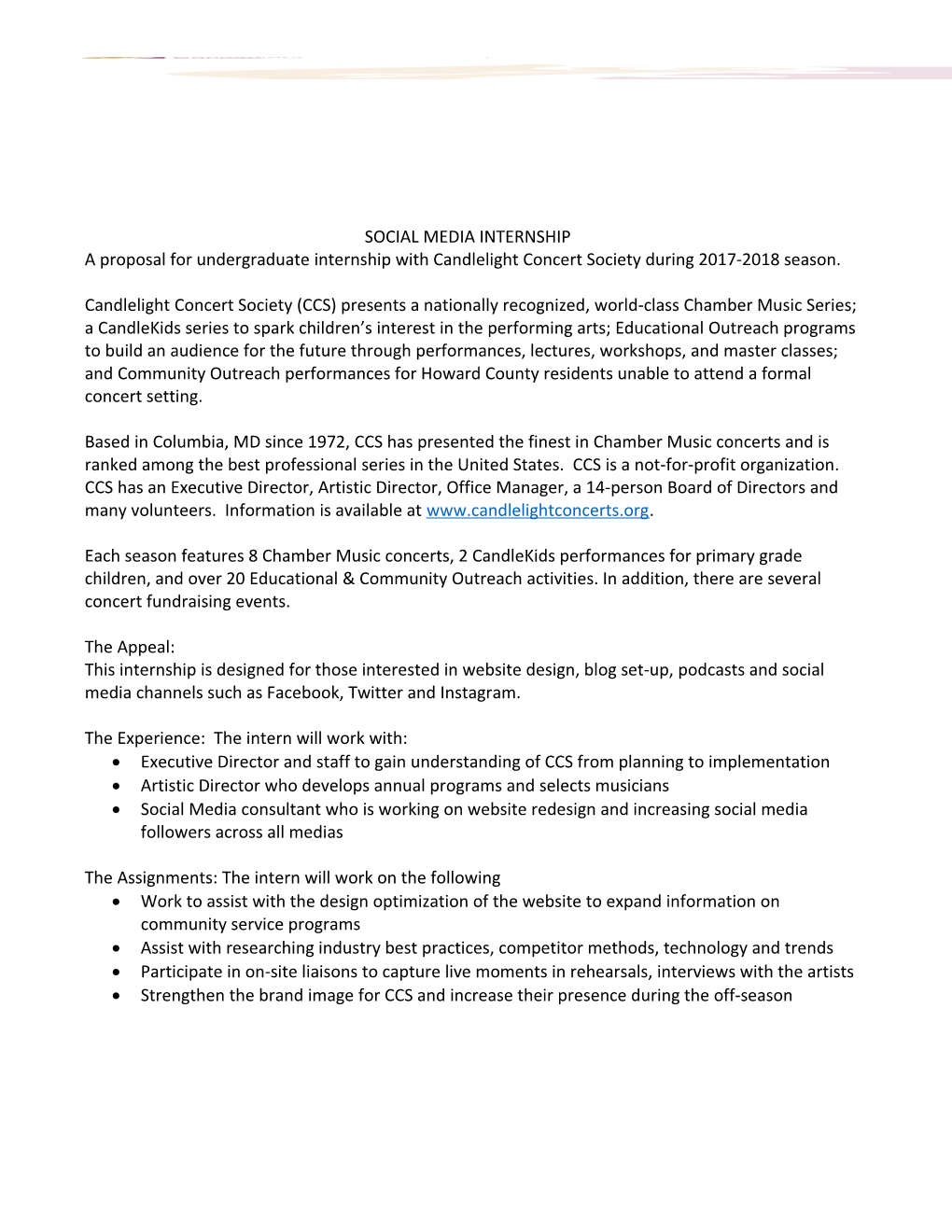A Proposal for Undergraduate Internship with Candlelight Concert Society During 2017-2018