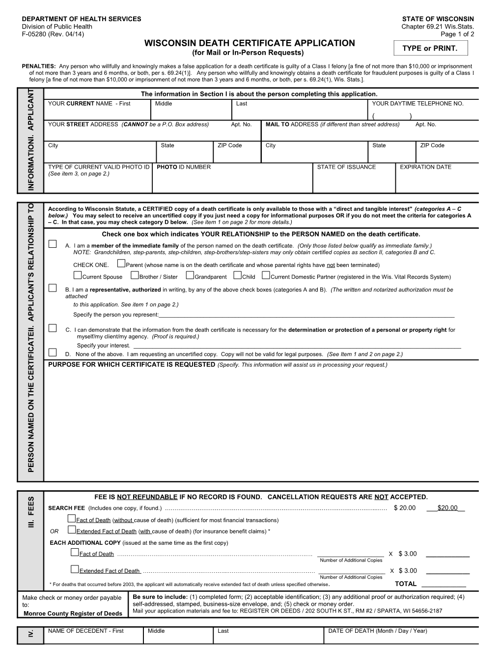 Wisconsin Death Certificate Application