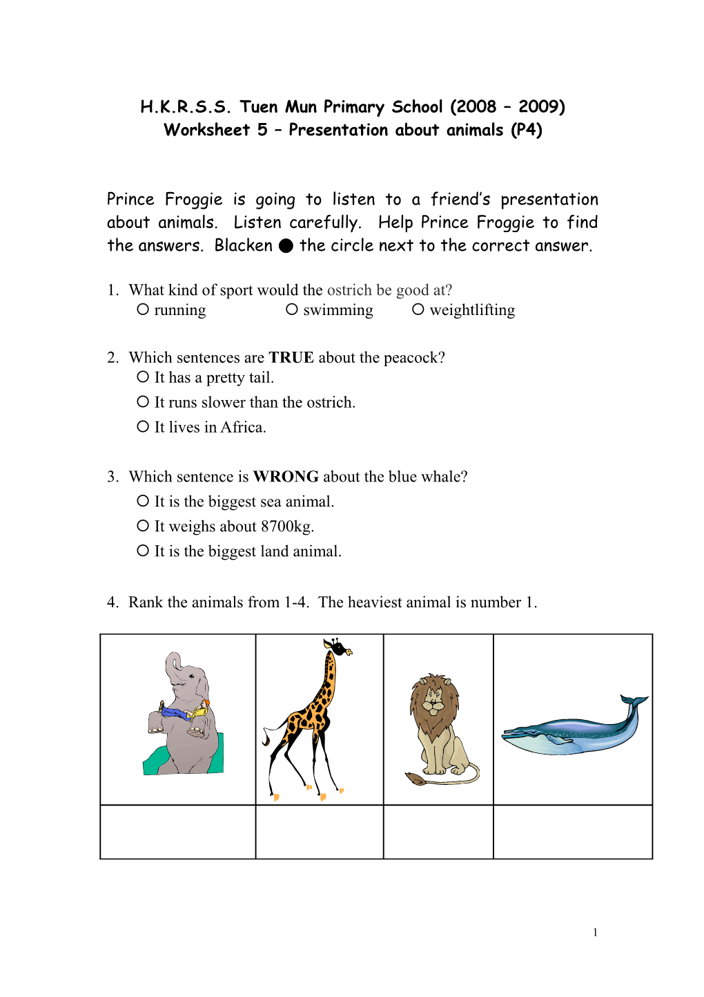 Worksheet 5 Presentation About Animals (P4)