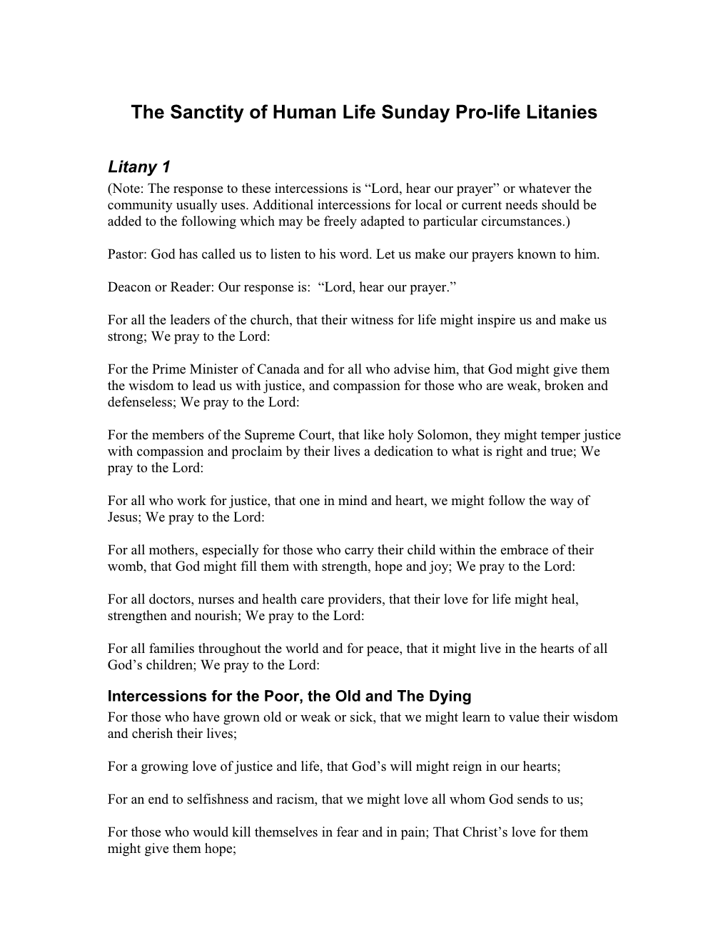 The Sanctity of Human Life Sunday Pro-Life Litanies