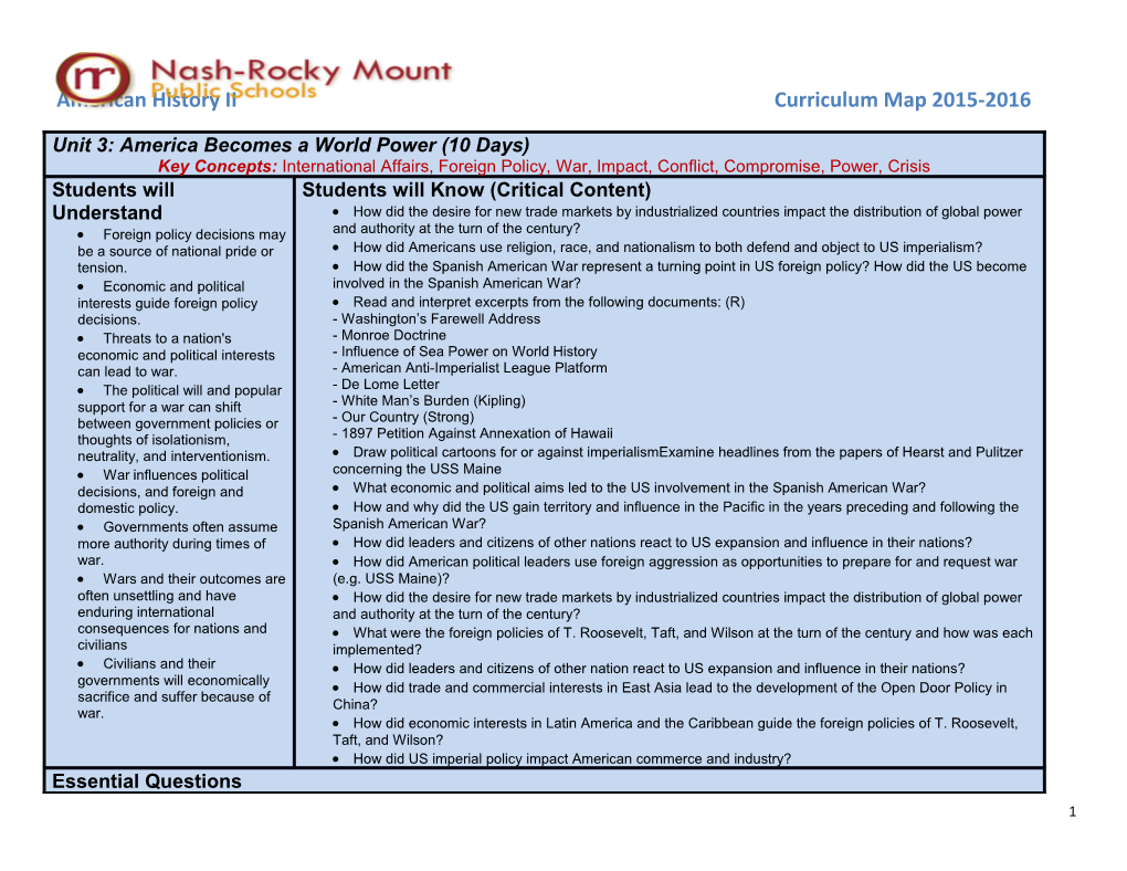 American History II Curriculum Map 2015-2016