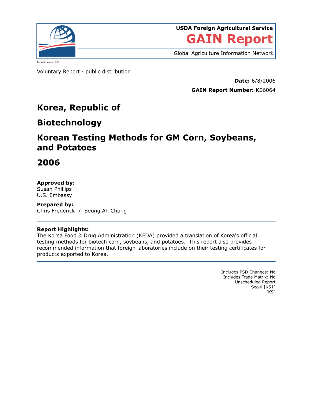 Korean Testing Methods for GM Corn, Soybeans, and Potatoes