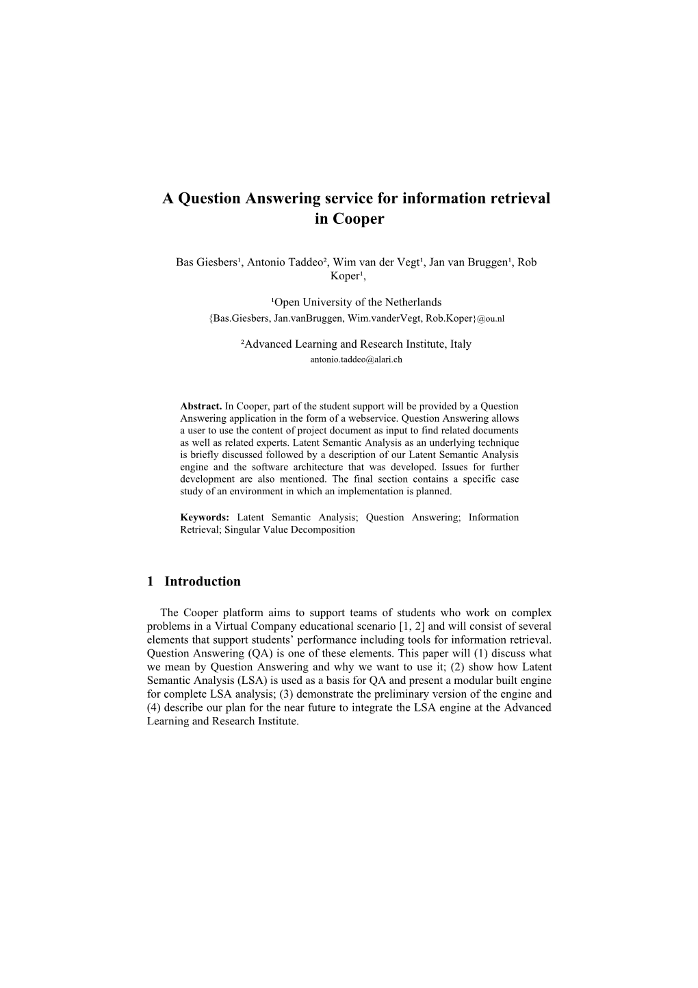 A Question Answering Service for Information Retrieval in Cooper