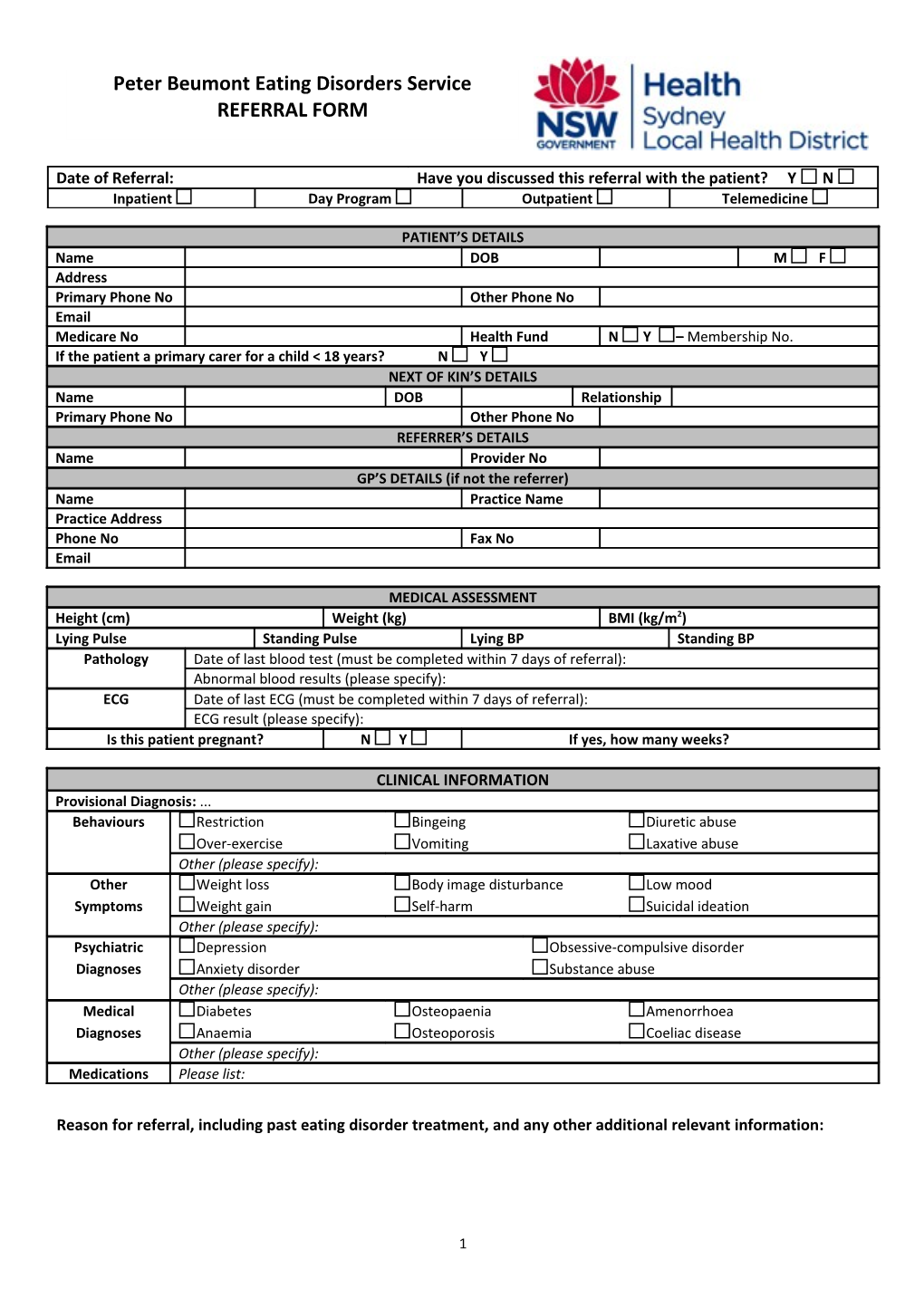 Reason for Referral, Including Past Eating Disorder Treatment, and Any Other Additional