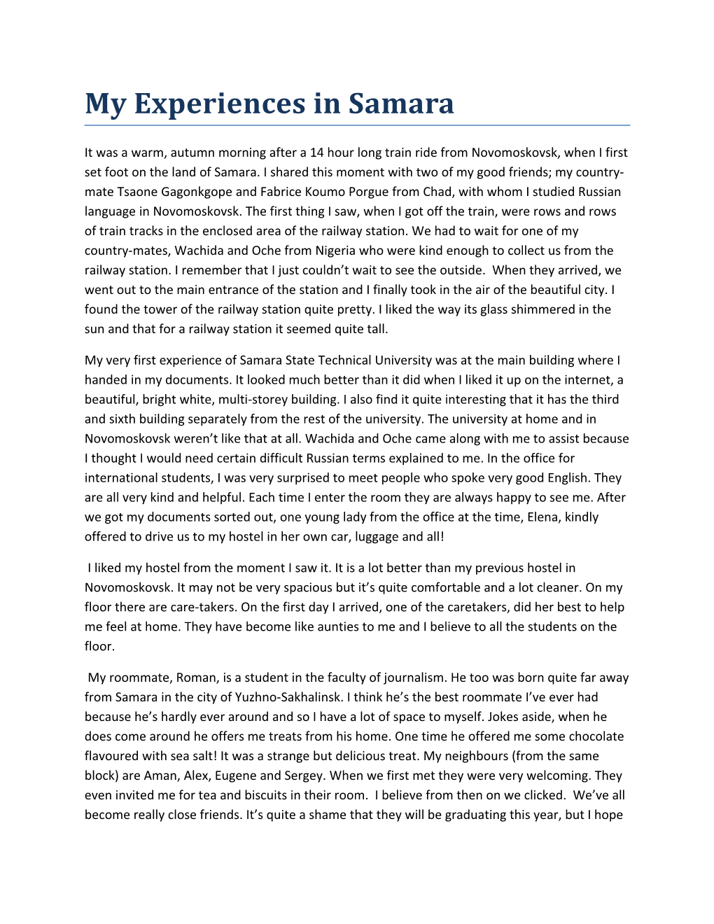 My Experiences in Samara