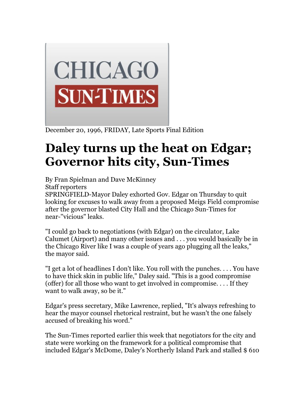 Daley Turns up the Heat on Edgar;
