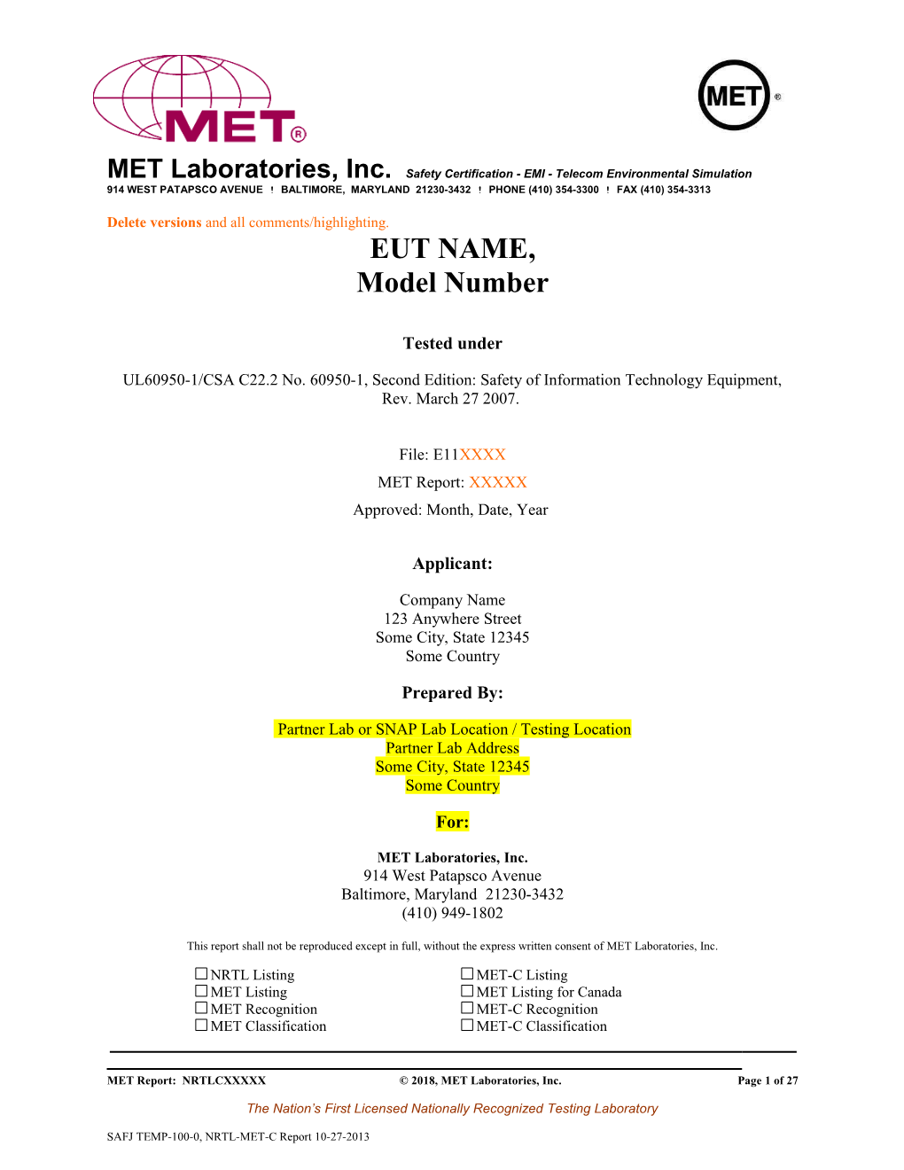 MET Laboratories, Inc. Safety Certification - EMI - Telecom Environmental Simulation