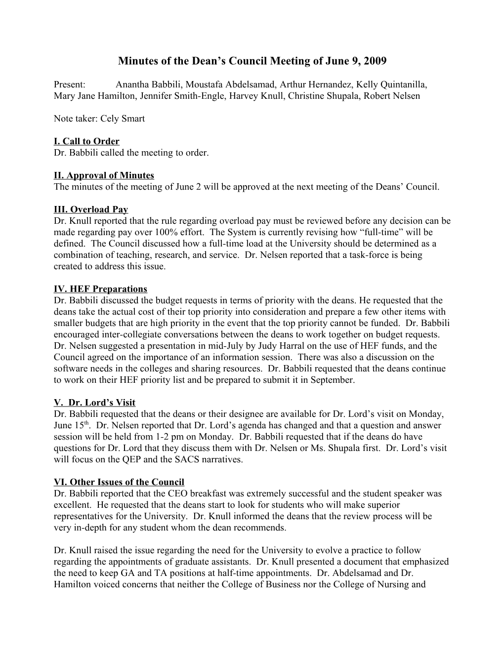 Minutes of the Dean S Council Meeting of June 9, 2009