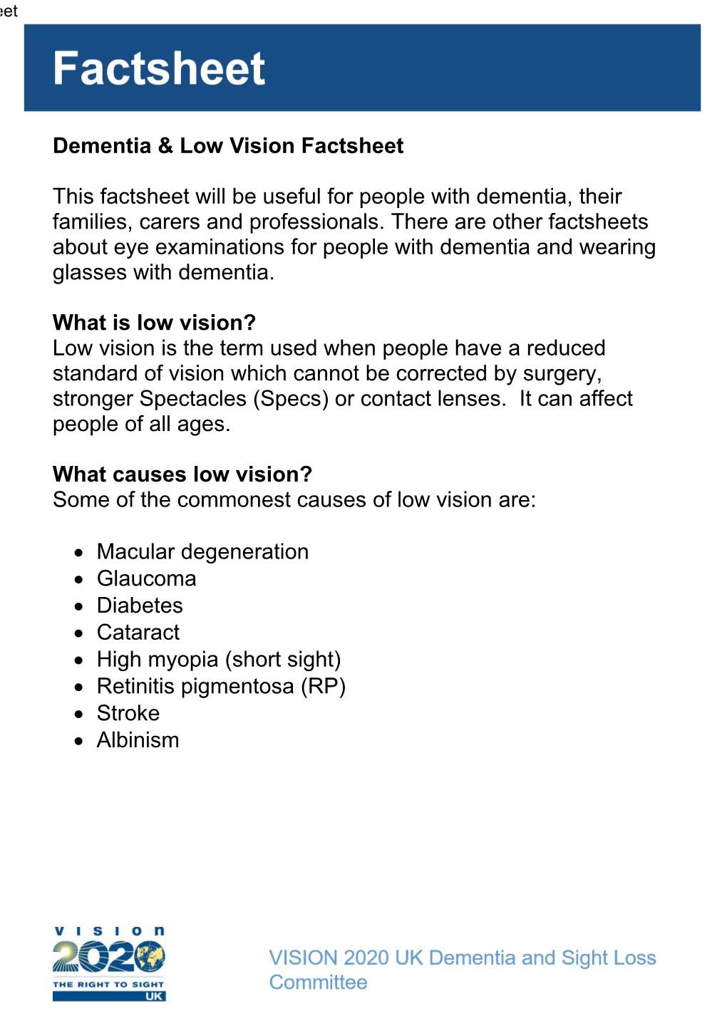 Dementia & Low Vision Factsheet