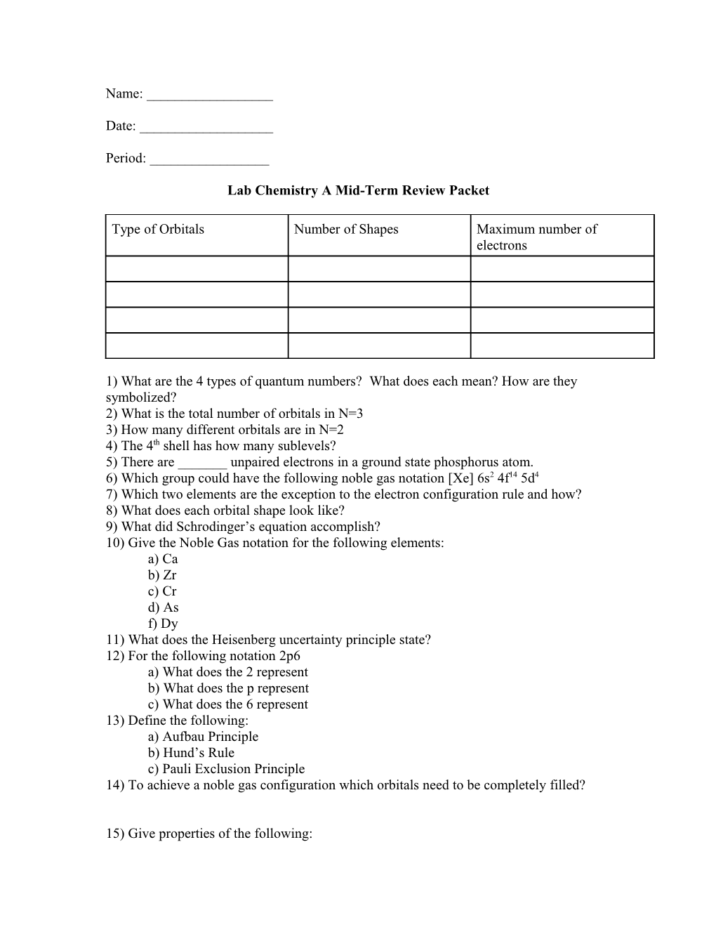 Lab Chemistry a Mid-Term Review Packet