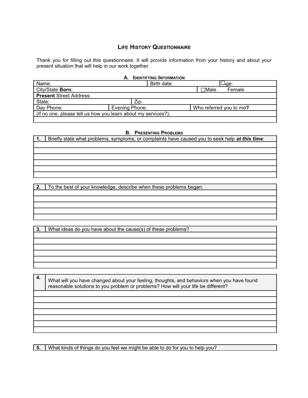 Life History Questionnaire