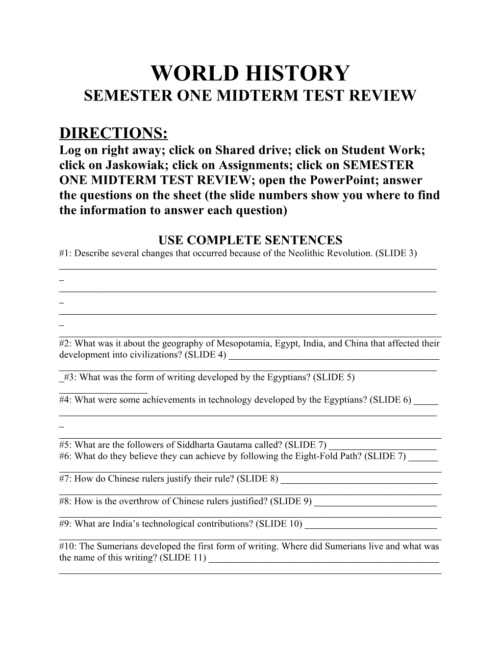 World History Semester One Midterm Test Review