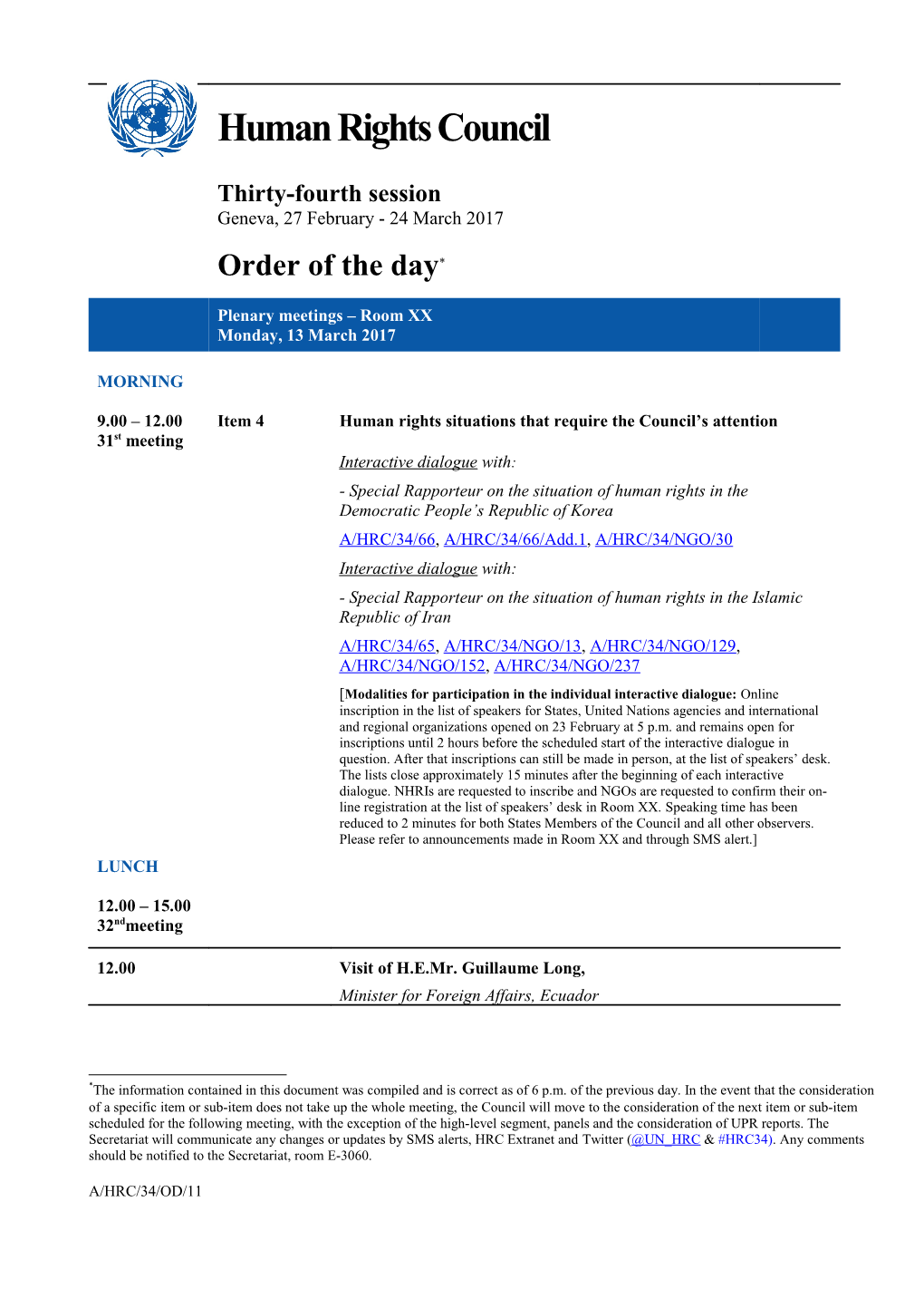 Order of the Day, Monday 13 March 2017