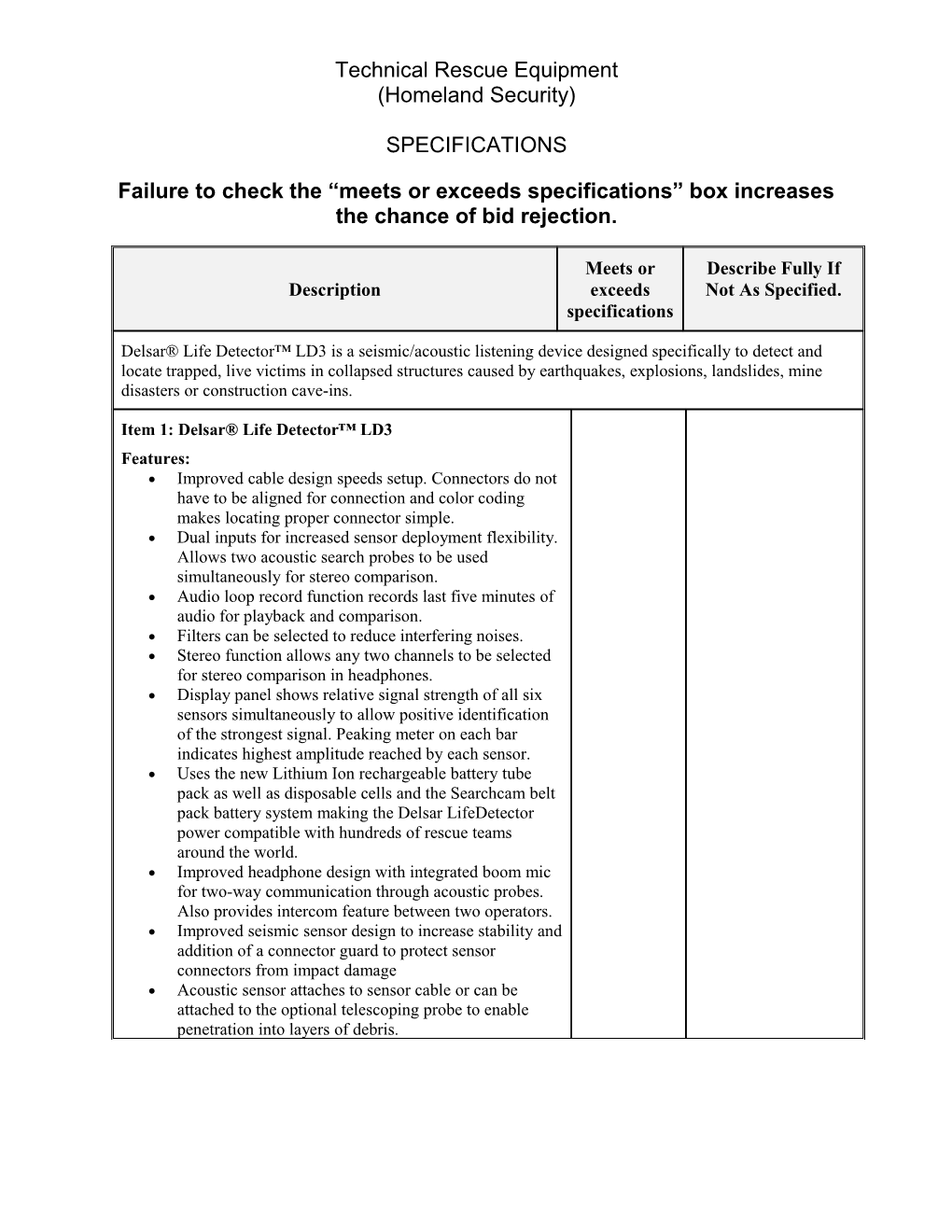 Failure to Check the Meets Or Exceeds Specifications Box Increases the Chance of Bid Rejection