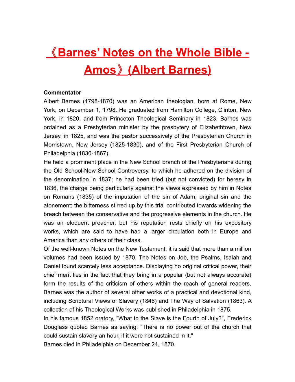 Barnes Notes on the Whole Bible - Amos (Albert Barnes)