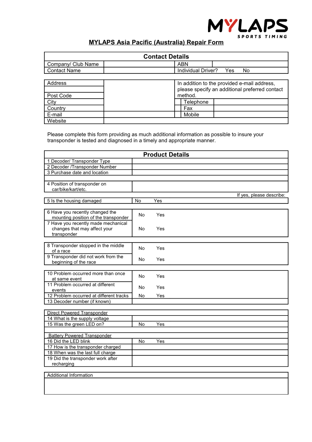 Mylapsasia Pacific (Australia) Repair Form