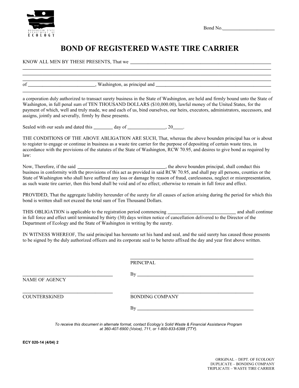 Bond of Registered Waste Tire Carrier