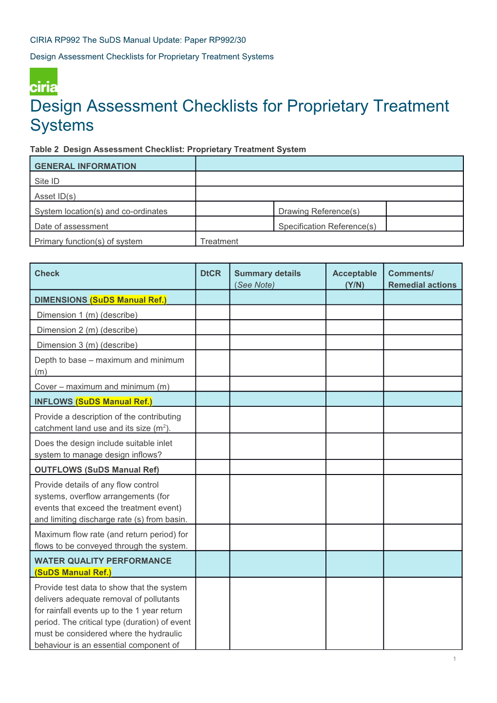 Table 2 Design Assessment Checklist: Proprietary Treatment System