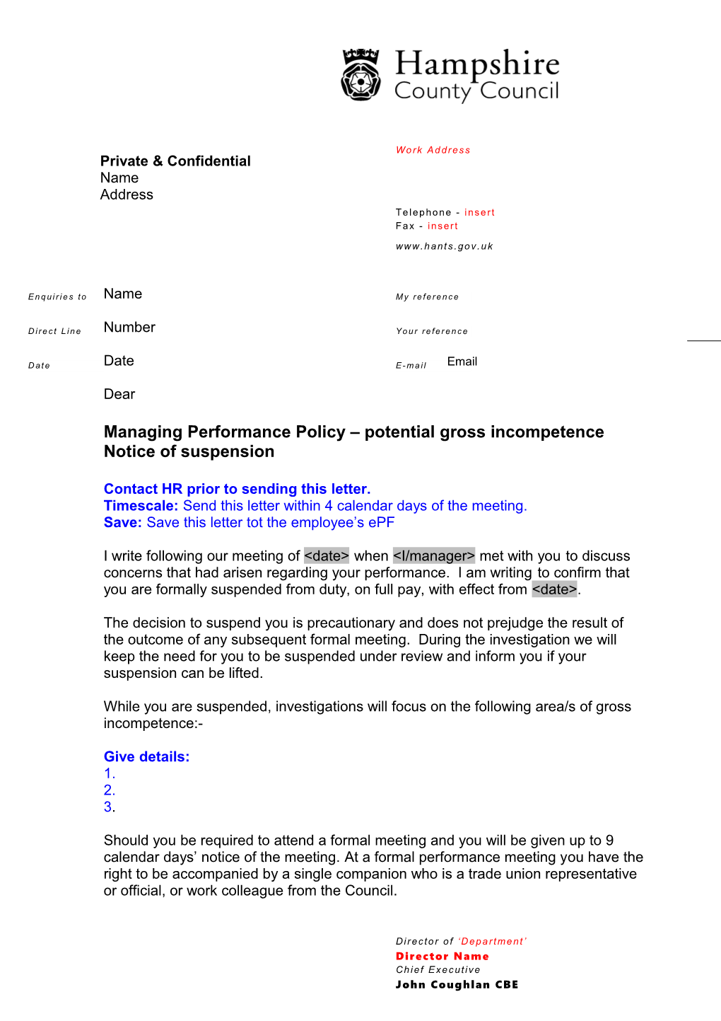 Managing Performance Policy Potential Gross Incompetence Notice of Suspension