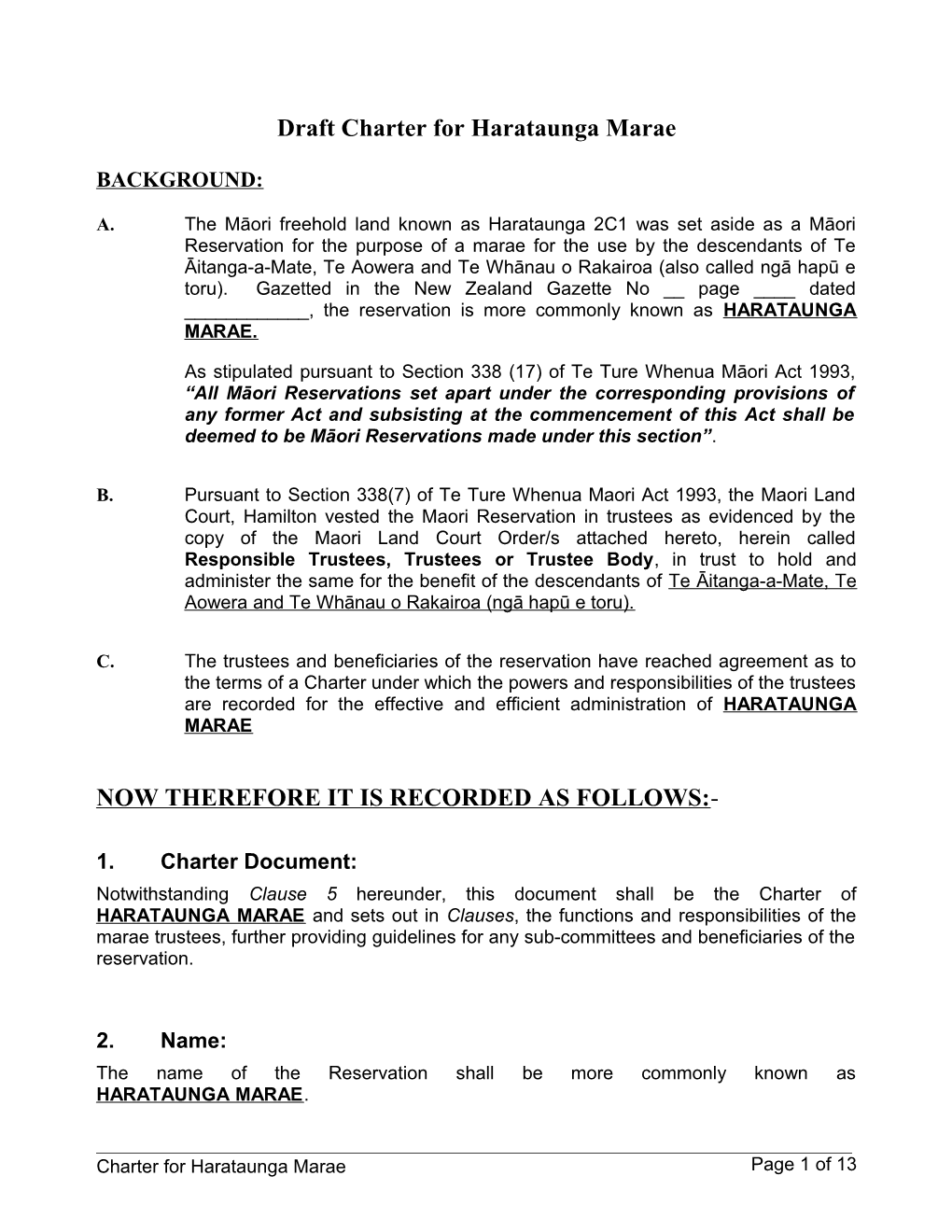 Draft Charter for Harataunga Marae