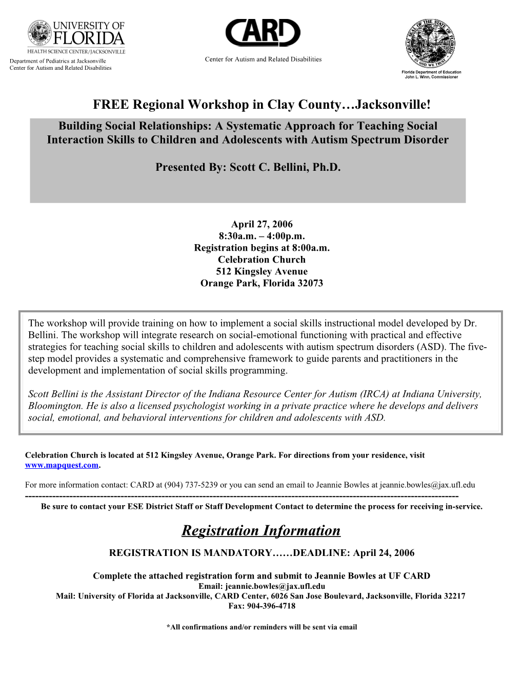 FREE Regional Workshop in Claycounty Jacksonville!