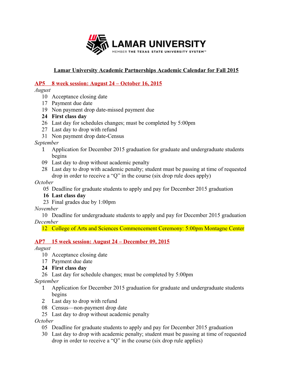 Lamar University Academic Partnerships Academic Calendar for Fall 2015