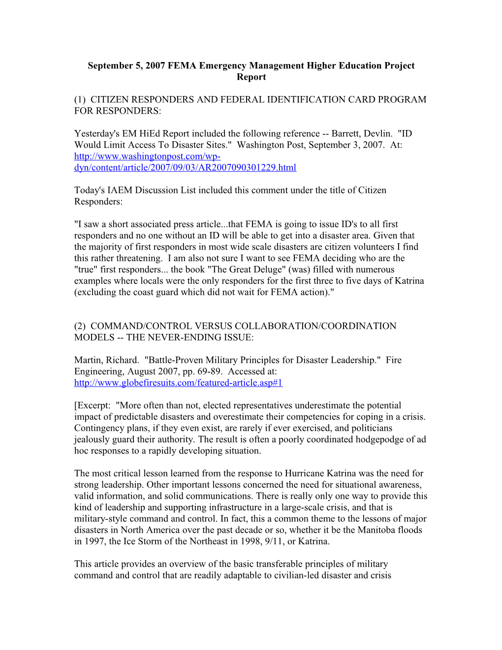 September 5, 2007 FEMA Emergency Management Higher Education Project Report