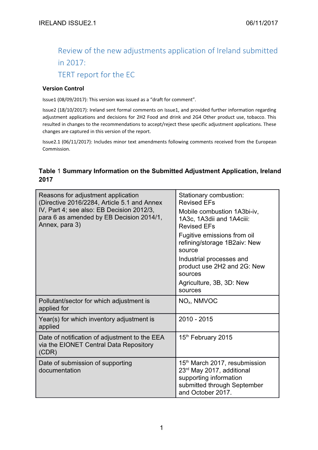 Reviewofthe New Adjustments Applicationofireland Submitted in 2017:TERT Report for the EC