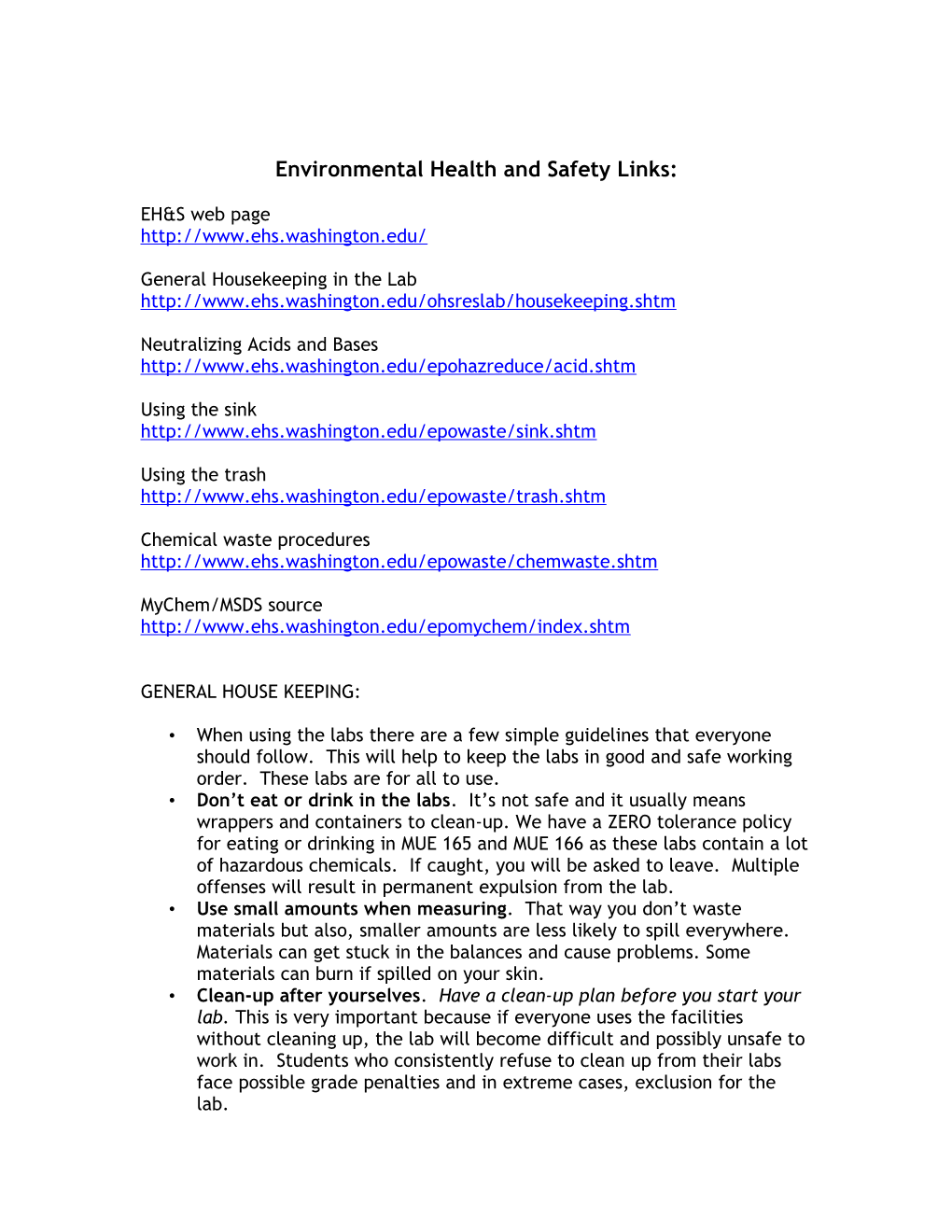 Environmental Health and Safety Links