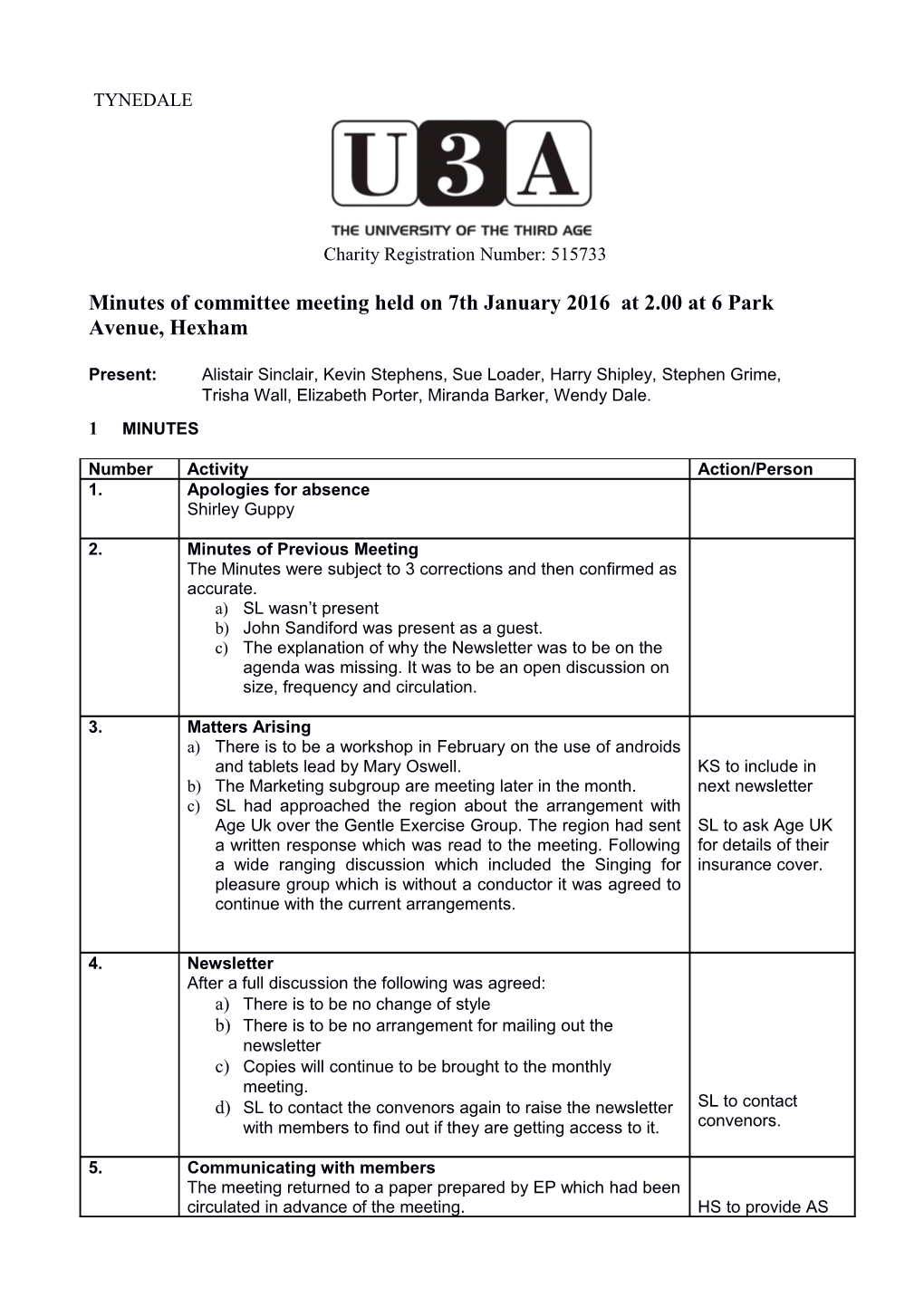 Minutes of Committee Meeting Held on 7Th January 2016 at 2.00 at 6 Park Avenue, Hexham