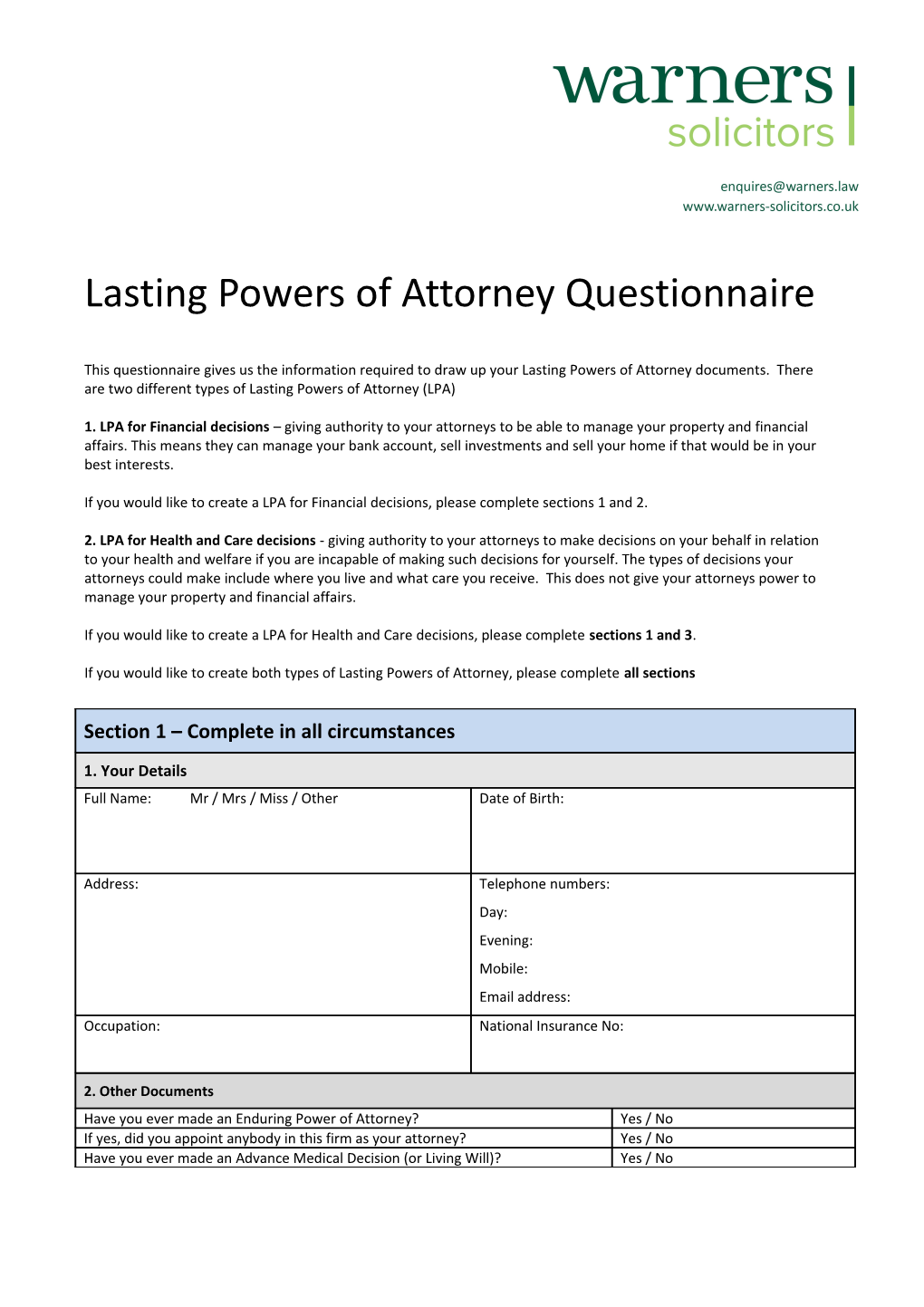 Lasting Powers of Attorney Questionnaire