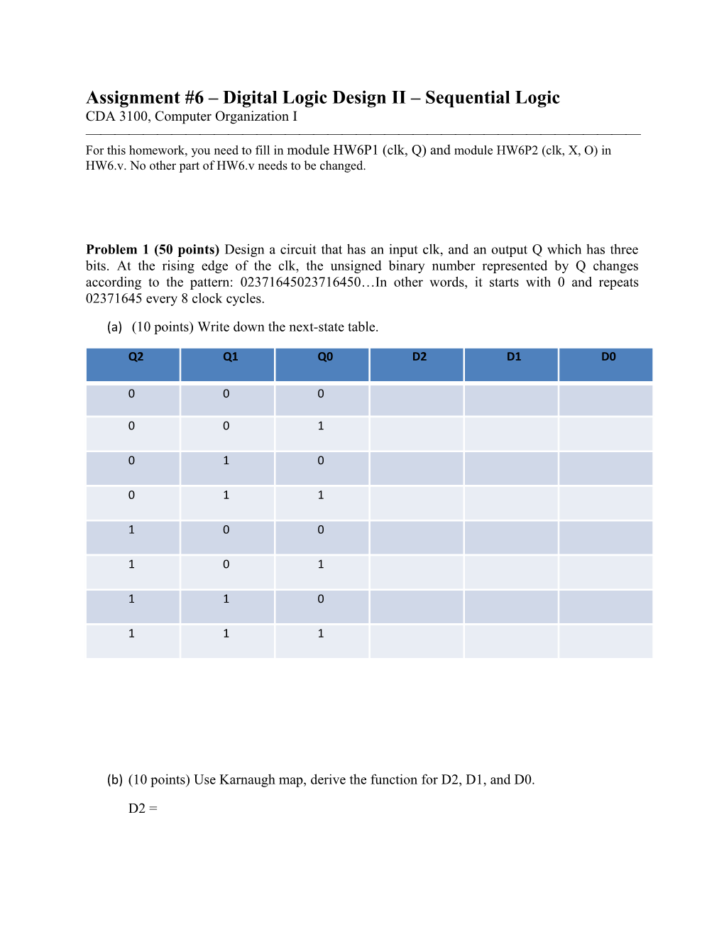 Assignment #6 Digital Logic Design II Sequential Logic