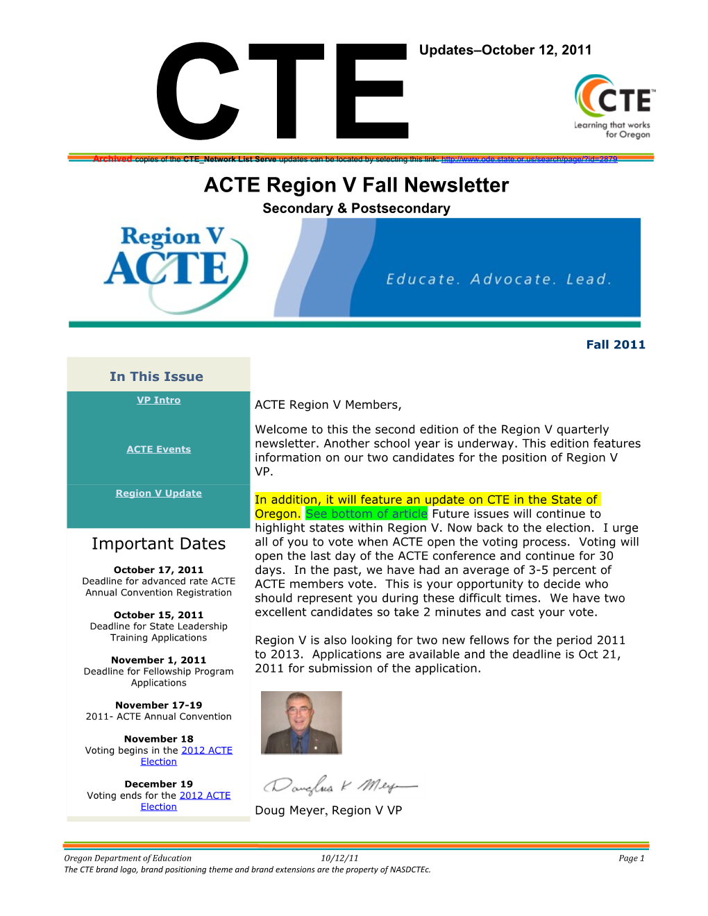 ACTE Region V Fall Newsletter