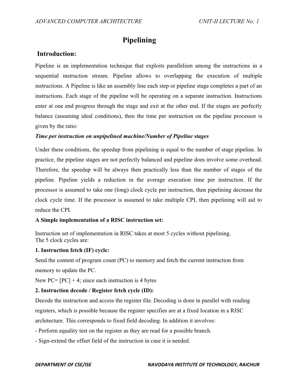 ADVANCED COMPUTER ARCHITECTURE UNIT-II Lectureno: 1