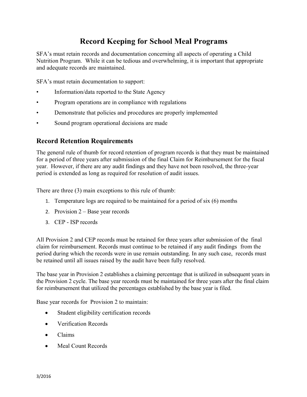 SCN Record Keeping Requirements 2016
