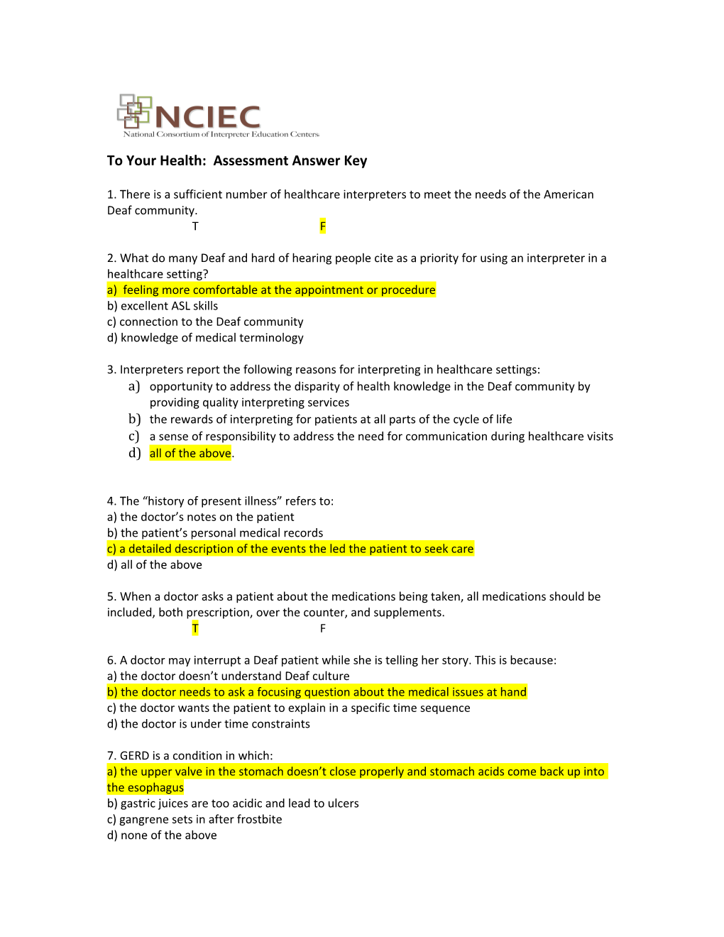 To Your Health: Assessment Answer Key